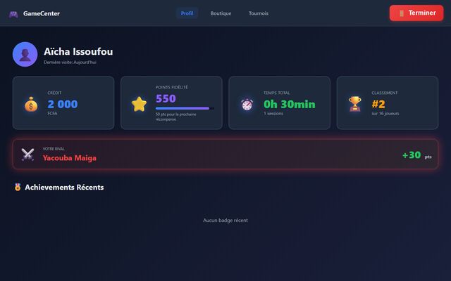 Espace joueur de GameCenter : crédit, points de fidélité, temps de jeu et classement