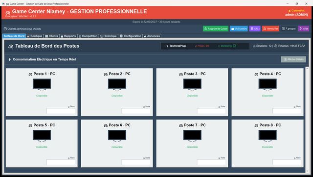 Tableau de bord de GameCenter : les huit postes de la salle, leur état et les revenus du jour