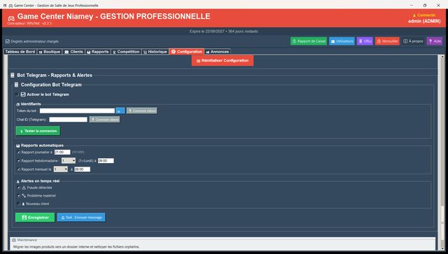 Réglages du bot Telegram de GameCenter : rapports automatiques et alertes