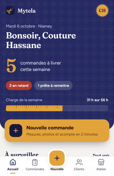 Accueil de Mytela : 5 commandes à livrer cette semaine, 2 en retard, charge de travail de la semaine et bouton Nouvelle commande