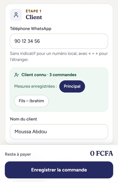 Nouvelle commande : le numéro du client est reconnu, avec ses mesures déjà enregistrées