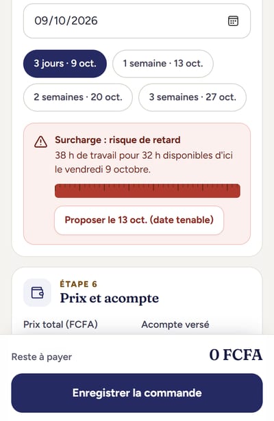 Alerte de surcharge pour une livraison dans 3 jours, avec une date tenable proposée