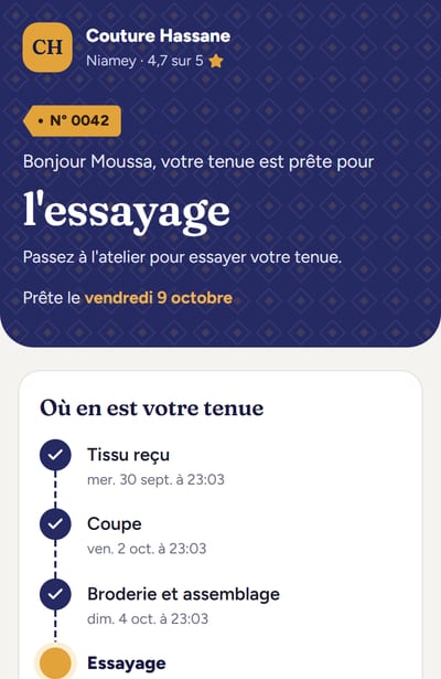 Page de suivi du client : sa tenue est prête pour l'essayage, avec les étapes déjà faites